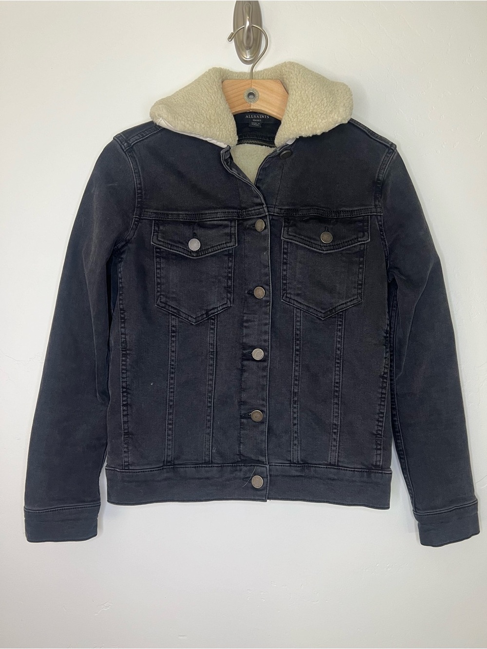 All Saints Black Denim Jacket with Cream Sherpa Collar